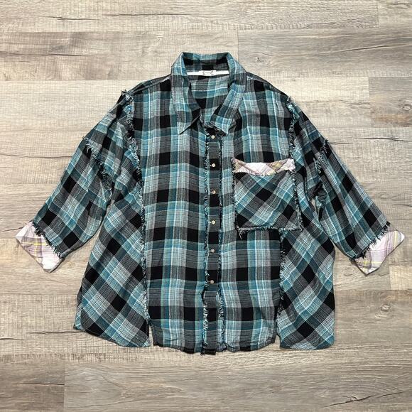 Free People Intimately Medium Flannel Button Up Shirt Distressed Oversized Plaid - Picture 1 of 6